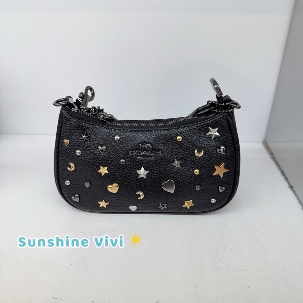 NWT Coach Teri Mini Crossbody Bag Rivets CCE44 pebbled leather/Gunmetal/Black